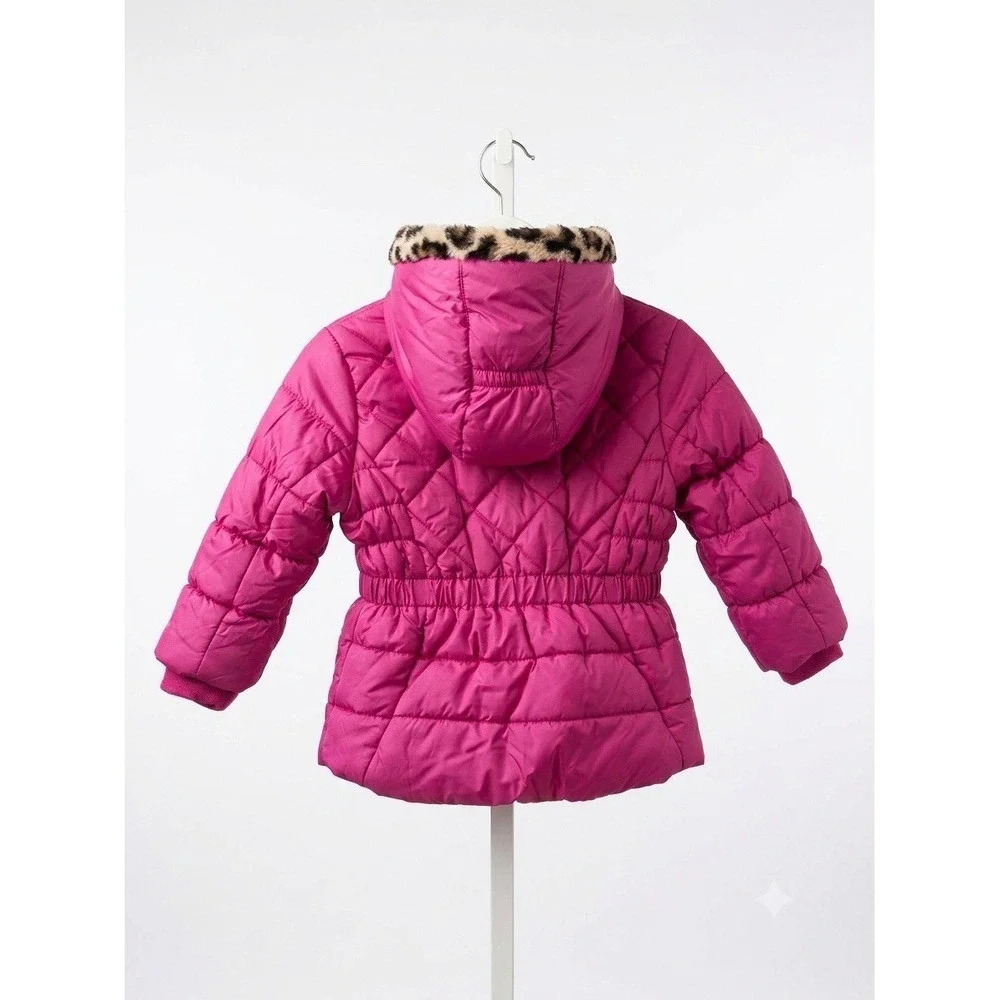 ZeroXposure Girls 4/5 Hot Pink Quilted Puffer Jacket Faux Fur Leopard Hood